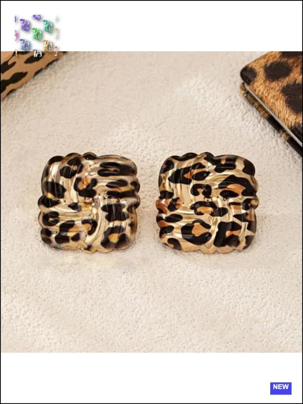 Gold Plated Square Leopard Print Stud Earrings Hypoallergenic Vintage Geometric